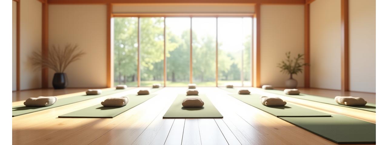 ヨガマットが並べられた静かなスタジオの様子